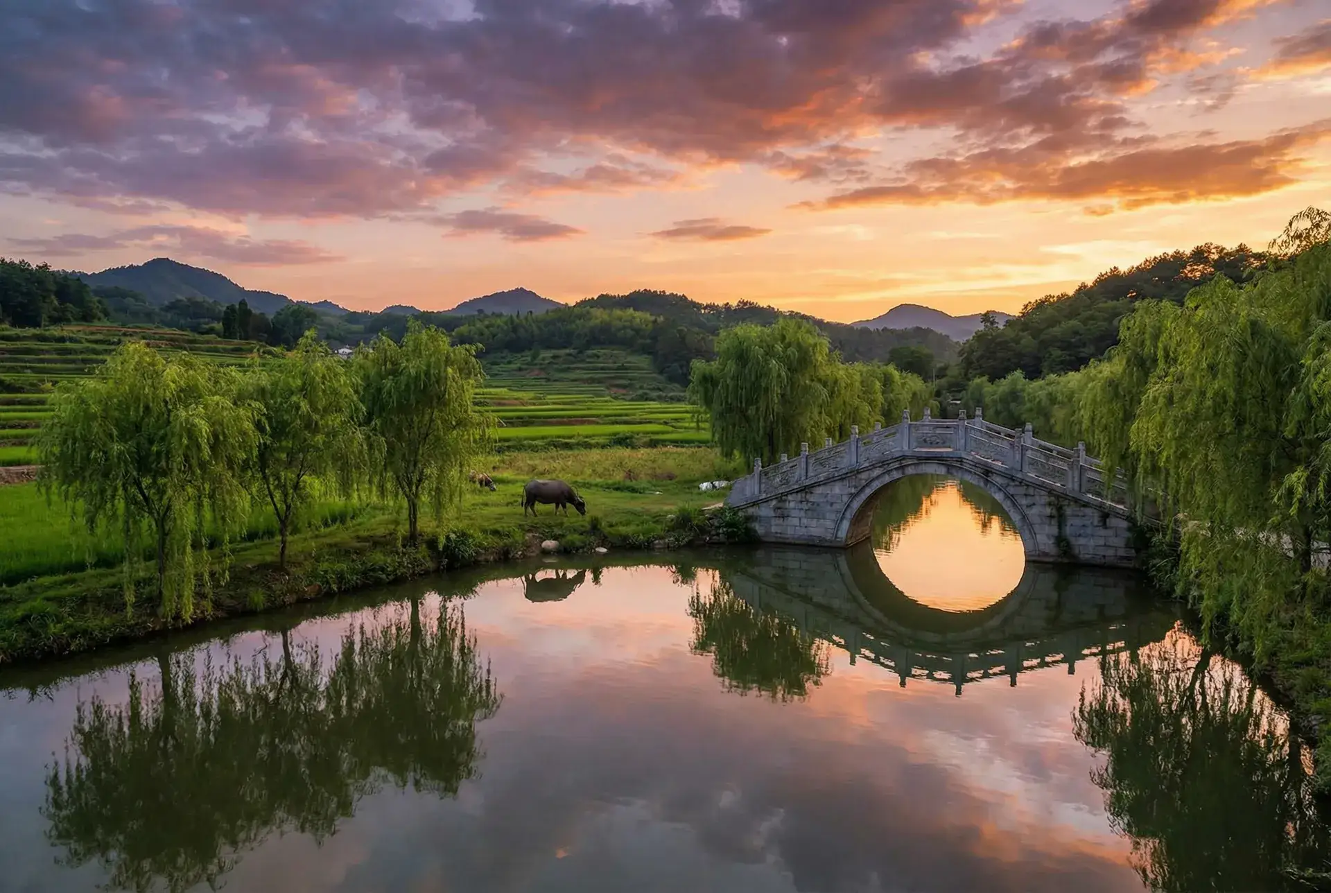 夕阳下的石拱桥与垂柳，水牛在河边吃草 - 自由幻想答题器 乡村美景