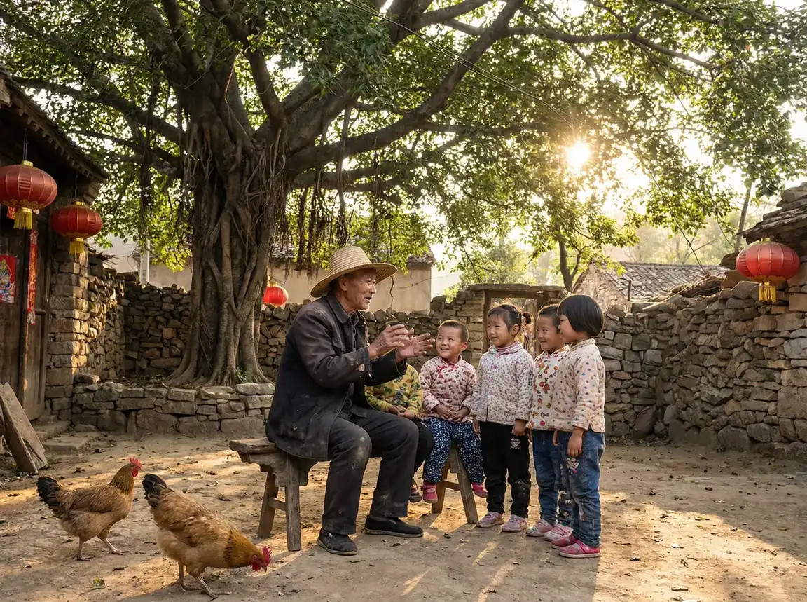 老人在大榕树下给孩子们讲故事 - 自由幻想答题器 乡村记忆